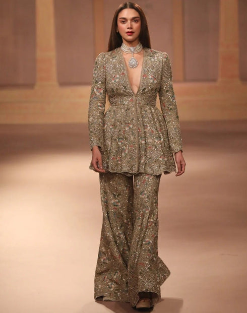 Beige Gold Sharara Peplum Set